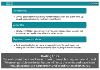 Hosting Costs
For each event there are 3 areas of cost to cover: hosting, venue and travel.
Wherever possible we do our be...