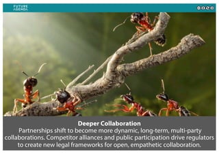Deeper Collaboration
Partnerships shift to become more dynamic, long-term, multi-party
collaborations. Competitor alliance...