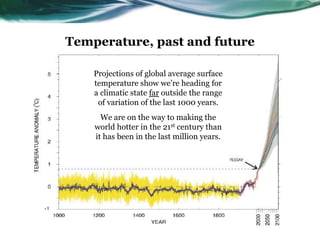 Projections of global average surface
temperature show we’re heading for
a climatic state far outside the range
of variation of the last 1000 years.
We are on the way to making the
world hotter in the 21st century than
it has been in the last million years.
Temperature, past and future
 