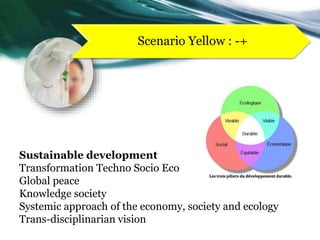 Scenario Yellow : -+
Sustainable development
Transformation Techno Socio Eco
Global peace
Knowledge society
Systemic approach of the economy, society and ecology
Trans-disciplinarian vision
 