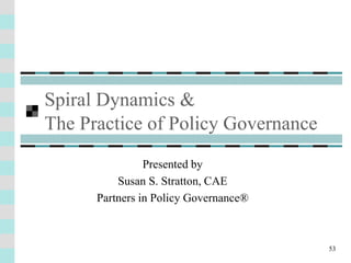 53
Spiral Dynamics &
The Practice of Policy Governance
Presented by
Susan S. Stratton, CAE
Partners in Policy Governance®
 