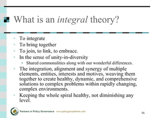 56
What is an integral theory?
• To integrate
• To bring together
• To join, to link, to embrace.
• In the sense of unity-in-diversity
• Shared commonalities along with our wonderful differences.
• The integration, alignment and synergy of multiple
elements, entities, interests and motives, weaving them
together to create healthy, dynamic, and comprehensive
solutions to complex problems within rapidly changing,
complex environments.
• Keeping the whole spiral healthy, not diminishing any
level.
 