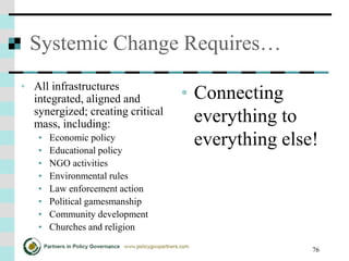 76
Systemic Change Requires…
• All infrastructures
integrated, aligned and
synergized; creating critical
mass, including:
• Economic policy
• Educational policy
• NGO activities
• Environmental rules
• Law enforcement action
• Political gamesmanship
• Community development
• Churches and religion
• Connecting
everything to
everything else!
 