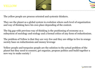 YELLOW
The yellow people are process oriented and systemic thinkers.
They see the planet as a global system in evolution where each level of organization
and way of thinking have his own place depending of the context.
The big gap with previous way of thinking is the positioning of economy as a
subsystem of sociology and ecology and a formal critics of any form of reductionism.
The problem of Yellow is that they are very few and they are oblige to live in orange
society base on reductionism and money leverage
Yellow people and turquoise people are the solution to the actual problem of the
planet but they need to connect, get organize, propose politics and build together a
new way to make society !
 