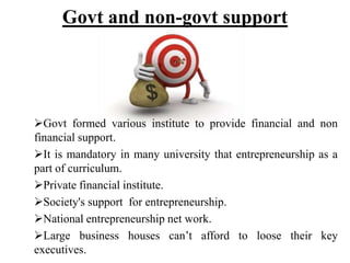Govt and non-govt support




Govt formed various institute to provide financial and non
financial support.
It is mandatory in many university that entrepreneurship as a
part of curriculum.
Private financial institute.
Society's support for entrepreneurship.
National entrepreneurship net work.
Large business houses can’t afford to loose their key
executives.
 