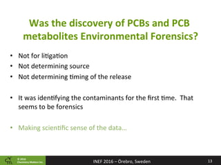 ©	2016		
Chemistry	Ma2ers	Inc.
Was	the	discovery	of	PCBs	and	PCB	
metabolites	Environmental	Forensics?	
13	INEF	2016	–	Örebro,	Sweden	
•  Not	for	li8ga8on	
•  Not	determining	source	
•  Not	determining	8ming	of	the	release	
•  It	was	iden8fying	the	contaminants	for	the	ﬁrst	8me.		That	
seems	to	be	forensics	
	
•  Making	scien8ﬁc	sense	of	the	data…	
	
 