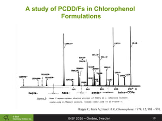 ©	2016		
Chemistry	Ma2ers	Inc.
Rappe C, Gara A, Buser H.R, Chemosphere, 1978, 12, 981 – 991.
19	INEF	2016	–	Örebro,	Sweden	
A study of PCDD/Fs in Chlorophenol
Formulations
 