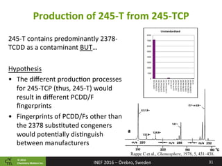 ©	2016		
Chemistry	Ma2ers	Inc.
ProducPon	of	245-T	from	245-TCP	
245-T	contains	predominantly	2378-
TCDD	as	a	contaminant	BUT…	
	
Hypothesis	
•  The	diﬀerent	produc8on	processes	
for	245-TCP	(thus,	245-T)	would	
result	in	diﬀerent	PCDD/F	
ﬁngerprints	
•  Fingerprints	of	PCDD/Fs	other	than	
the	2378	subs8tuted	congeners	
would	poten8ally	dis8nguish	
between	manufacturers	
	
31	INEF	2016	–	Örebro,	Sweden	
Rappe C et al., Chemosphere, 1978, 5, 431–438.
 