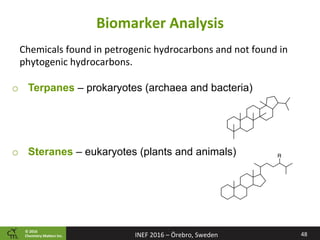 ©	2016		
Chemistry	Ma2ers	Inc.
Biomarker	Analysis	
48	
Chemicals	found	in	petrogenic	hydrocarbons	and	not	found	in	
phytogenic	hydrocarbons.		
o  Terpanes – prokaryotes (archaea and bacteria)
o  Steranes – eukaryotes (plants and animals)
INEF	2016	–	Örebro,	Sweden	
 