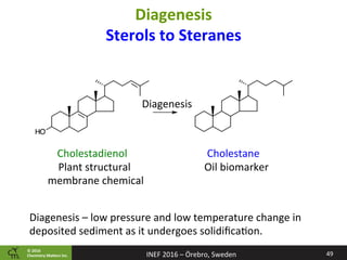 ©	2016		
Chemistry	Ma2ers	Inc.
Diagenesis	
Sterols	to	Steranes	
49	
Cholestadienol	 Cholestane	
Diagenesis	
Plant	structural	
membrane	chemical	
Oil	biomarker	
Diagenesis	–	low	pressure	and	low	temperature	change	in	
deposited	sediment	as	it	undergoes	solidiﬁca8on.	
INEF	2016	–	Örebro,	Sweden	
 