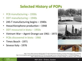 ©	2016		
Chemistry	Ma2ers	Inc.
Selected	History	of	POPs	
6	INEF	2016	–	Örebro,	Sweden	
•  PCB	manufacturing	–	1930s	
•  DDT	manufacturing	–	1940s	
•  245-T	manufacturing	begins	–	1940s	
•  Hexachlorophene	produc8on	–	1948	
•  DDT	measured	in	biota	–	1950s	
•  Vietnam	War	–	Agent	Orange	use	1961	-	1972	
•  PCBs	discovered	in	biota	-	1966	
•  Times	Beach	-	1971		
•  Seveso	Italy	-	1976	
https://www.yahoo.com/news/bp/december-23-road-contamination-prompts-evacuation-times-beach-145517324.html
http://www.toxipedia.org/download/attachments/9353/Seveso.chem.jpg?version=1&modificationDate=1238498605000&api=v2
https://upload.wikimedia.org/wikipedia/commons/3/3e/Agent_Orange_at_Johnston_Atoll_1976.jpg
 