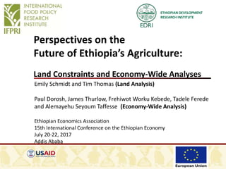 ETHIOPIAN DEVELOPMENT
RESEARCH INSTITUTE
Perspectives on the
Future of Ethiopia’s Agriculture:
Land Constraints and Economy-Wide Analyses
Emily Schmidt and Tim Thomas (Land Analysis)
Paul Dorosh, James Thurlow, Frehiwot Worku Kebede, Tadele Ferede
and Alemayehu Seyoum Taffesse (Economy-Wide Analysis)
Ethiopian Economics Association
15th International Conference on the Ethiopian Economy
July 20-22, 2017
Addis Ababa
 