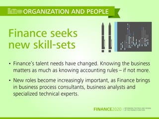 RETHINKING THE ROLE AND DESIGN
OF THE FINANCE FUNCTIONFINANCE2020
Finance seeks
new skill-sets
• Finance’s talent needs have changed. Knowing the business
matters as much as knowing accounting rules – if not more.
• New roles become increasingly important, as Finance brings
in business process consultants, business analysts and
specialized technical experts.
ORGANIZATION AND PEOPLE
 