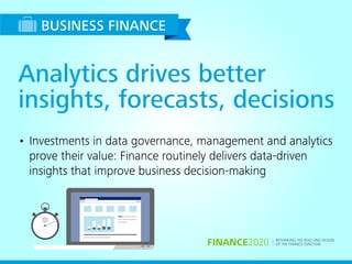 RETHINKING THE ROLE AND DESIGN
OF THE FINANCE FUNCTIONFINANCE2020
Analytics drives better
insights, forecasts, decisions
• Investments in data governance, management and analytics
prove their value: Finance routinely delivers data-driven
insights that improve business decision-making
BUSINESS FINANCE
 