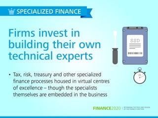 RETHINKING THE ROLE AND DESIGN
OF THE FINANCE FUNCTIONFINANCE2020
Firms invest in
building their own
technical experts
• Tax, risk, treasury and other specialized
ﬁnance processes housed in virtual centres
of excellence – though the specialists
themselves are embedded in the business
SPECIALIZED FINANCE
 