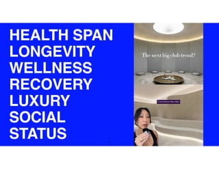 24
HEALTH SPAN
LONGEVITY
WELLNESS
RECOVERY
LUXURY
SOCIAL
STATUS
 