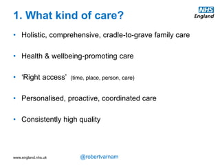 1. What kind of care?
2. What kind of work?
3. What kind of organisation?
 