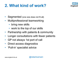 www.england.nhs.uk @robertvarnam
A small aside about access – we need to
do much better at defining and improving it
so as to deliver real improvements in value
for patients. It’s not a one-dimensional
thing.
This is the kind of care I think patients
should expect from us
1. What kind of care?
Holistic, comprehensive, cradle-to-grave family care
Health & wellbeing-promoting care
• ‘Right access’ (time, place, person, care)
Personalised, proactive, coordinated care
Consistently high quality
 