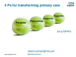www.england.nhs.uk @robertvarnam
Here are my 4Ps for where you could
start…
bit.ly/GP4Ps
Purpose
Partnerships
Proactivity
Possibility
4 Ps for transforming primary care
robert.varnam@nhs.net
 