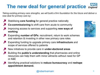 www.england.nhs.uk @robertvarnam
I joined NHS England back in the summer of 2013 to help with the newly announced Call
to Action on General Practice. Among other things, this was an opportunity to take stock
of the challenges facing general practice and the ways in which NHS England could play
a part in supporting sustainable and improved care. Very much building on what people
told us then, the NHS Five Year Forward View outlines ways in which we are committed to
being part of the solution to the present challenges.
bit.ly/c2aGP
bit.ly/nhs5yfv
How are things?
Where are you heading?
 