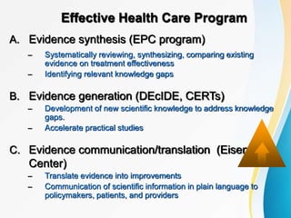 Effective Health Care Program
A. Evidence synthesis (EPC program)
– Systematically reviewing, synthesizing, comparing existing
evidence on treatment effectiveness
– Identifying relevant knowledge gaps
B. Evidence generation (DEcIDE, CERTs)
– Development of new scientific knowledge to address knowledge
gaps.
– Accelerate practical studies
C. Evidence communication/translation (Eisenberg
Center)
– Translate evidence into improvements
– Communication of scientific information in plain language to
policymakers, patients, and providers
 