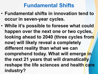 Fundamental Shifts
• Fundamental shifts in innovation tend to
occur in seven-year cycles.
• While it’s possible to foresee what could
happen over the next one or two cycles,
looking ahead to 2040 (three cycles from
now) will likely reveal a completely
different reality than what we can
comprehend today. What will emerge in
the next 21 years that will dramatically
reshape the life sciences and health care
industry?
 