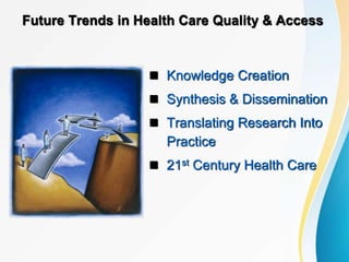 Future Trends in Health Care Quality & Access
 Knowledge Creation
 Synthesis & Dissemination
 Translating Research Into
Practice
 21st Century Health Care
 
