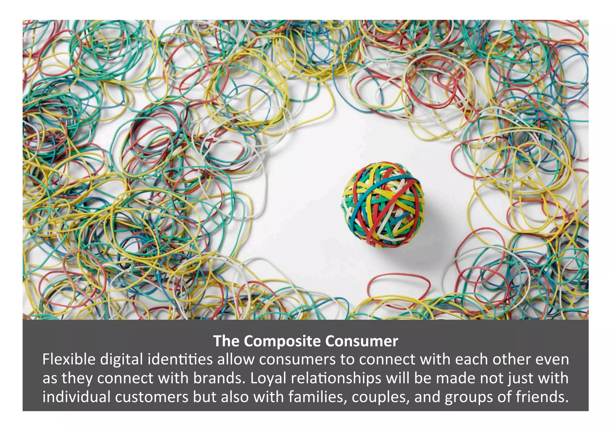 The	Composite	Consumer	
Flexible	digital	iden00es	allow	consumers	to	connect	with	each	other	even		
as	they	connect	with	brands.	Loyal	rela0onships	will	be	made	not	just	with	
individual	customers	but	also	with	families,	couples,	and	groups	of	friends.	
 