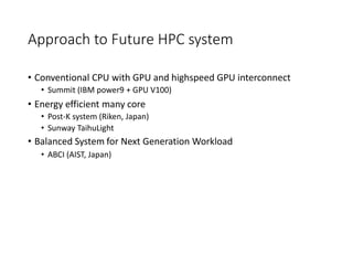 Approach to Future HPC system
• Conventional CPU with GPU and highspeed GPU interconnect
• Summit (IBM power9 + GPU V100)
• Energy efficient many core
• Post-K system (Riken, Japan)
• Sunway TaihuLight
• Balanced System for Next Generation Workload
• ABCI (AIST, Japan)
 