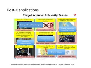 Post-K applications
References: Introduction of Post-K development, Yutaka Ishikawa, RIKEN AICS, 12th of December, 2017
 