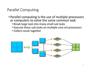 Parallel Computing
•Parallel computing is the use of multiple processors
or computers to solve the same common task
• Break large task into many small sub tasks
• Execute these sub tasks on multiple core ort processors
• Collect result together
6
 