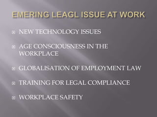 EMERING LEAGL ISSUE AT WORKNEW TECHNOLOGY ISSUESAGE CONSCIOUSNESS IN THE WORKPLACEGLOBALISATION OF EMPLOYMENT LAWTRAINING FOR LEGAL COMPLIANCEWORKPLACE SAFETY