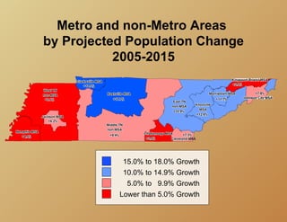 Metro and non-Metro Areas
by Projected Population Change
           2005-2015




            15.0% to 18.0% Growth
            10.0% to 14.9% Growth
             5.0% to 9.9% Growth
           Lower than 5.0% Growth
 