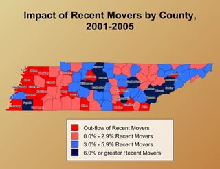 Impact of Recent Movers by County,
            2001-2005




           Out-flow of Recent Movers
           0.0% - 2.9% Recent Movers
           3.0% - 5.9% Recent Movers
           6.0% or greater Recent Movers
 
