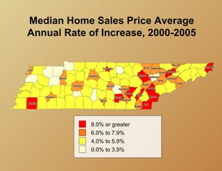 Median Home Sales Price Average
Annual Rate of Increase, 2000-2005




            8.0% or greater
            6.0% to 7.9%
            4.0% to 5.9%
            0.0% to 3.9%
 