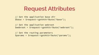// Get the application base dir
$base = $request->getAttribute(‘base’);
// Get the application webroot
$webroot = $request->getAttribute(‘webroot’);
// Get the routing parameters
$params = $request->getAttribute(‘params’);
Request Attributes
 