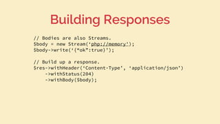 // Bodies are also Streams.
$body = new Stream(‘php://memory');
$body->write(‘{“ok”:true}’);
// Build up a response.
$res->withHeader(‘Content-Type’, ‘application/json’)
->withStatus(204)
->withBody($body);
Building Responses
 