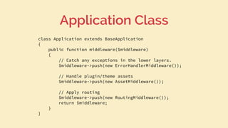 class Application extends BaseApplication
{
public function middleware($middleware)
{
// Catch any exceptions in the lower layers.
$middleware->push(new ErrorHandlerMiddleware());
// Handle plugin/theme assets
$middleware->push(new AssetMiddleware());
// Apply routing
$middleware->push(new RoutingMiddleware());
return $middleware;
}
}
Application Class
 