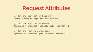 // Get the application base dir
$base = $request->getAttribute(‘base’);
// Get the application webroot
$webroot = $request...