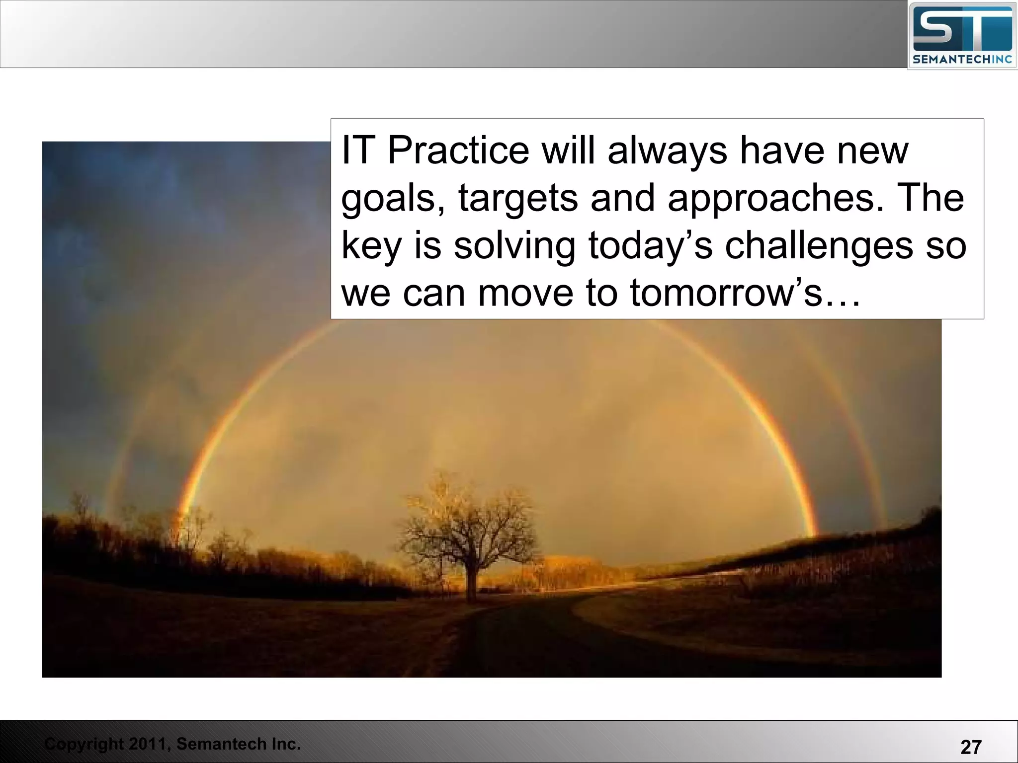 IT Practice will always have new goals, targets and approaches. The key is solving today’s challenges so we can move to tomorrow’s…  