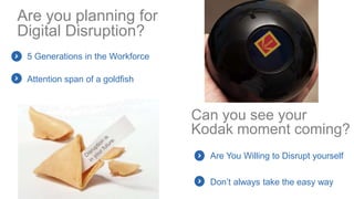 Are you planning for
Digital Disruption?
5 Generations in the Workforce
Attention span of a goldfish
Can you see your
Kodak moment coming?
Are You Willing to Disrupt yourself
Don’t always take the easy way
 