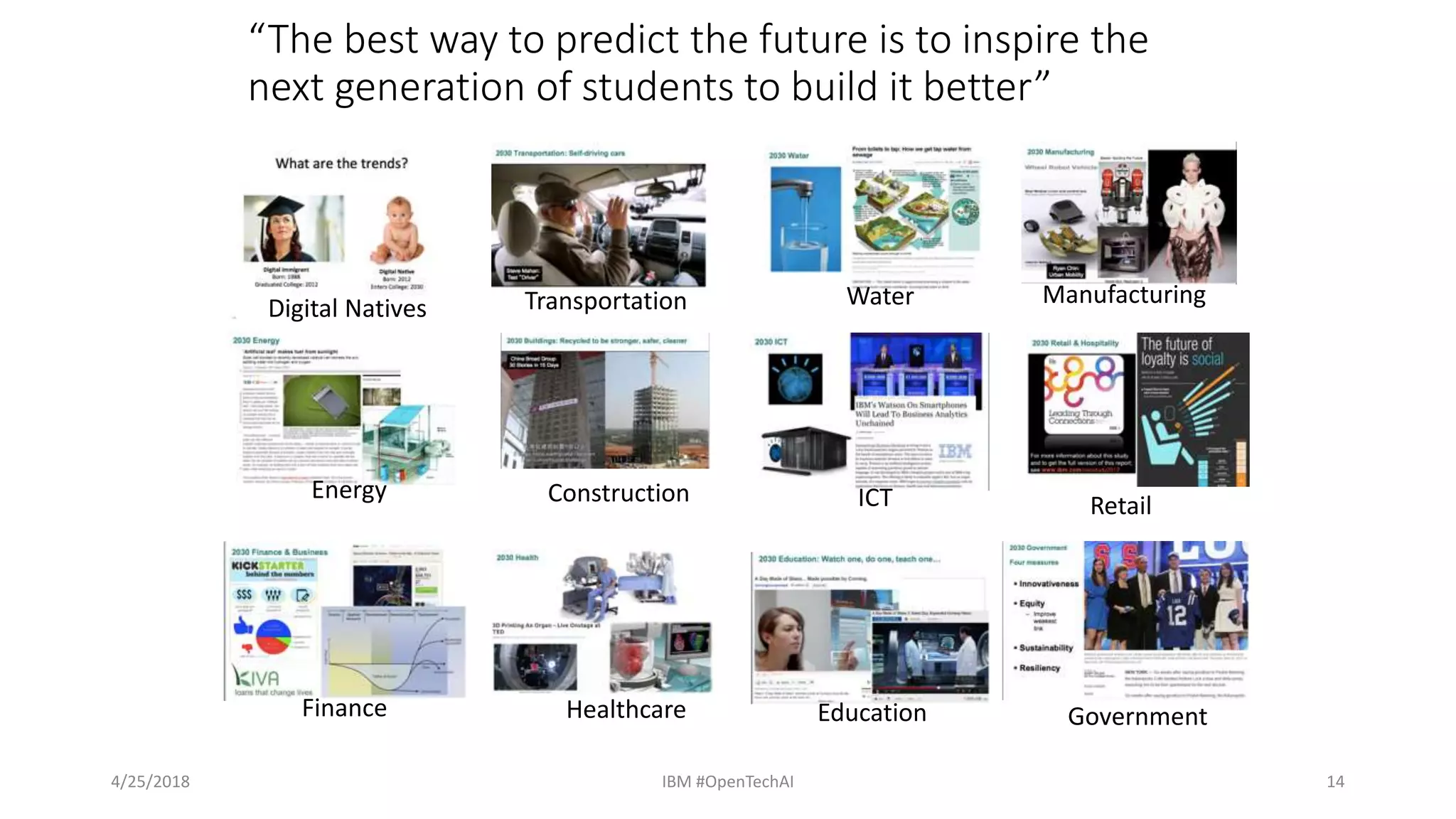 “The best way to predict the future is to inspire the
next generation of students to build it better”
Digital Natives Transportation Water Manufacturing
Energy Construction ICT Retail
Finance Healthcare Education Government
4/25/2018 IBM #OpenTechAI 14
 