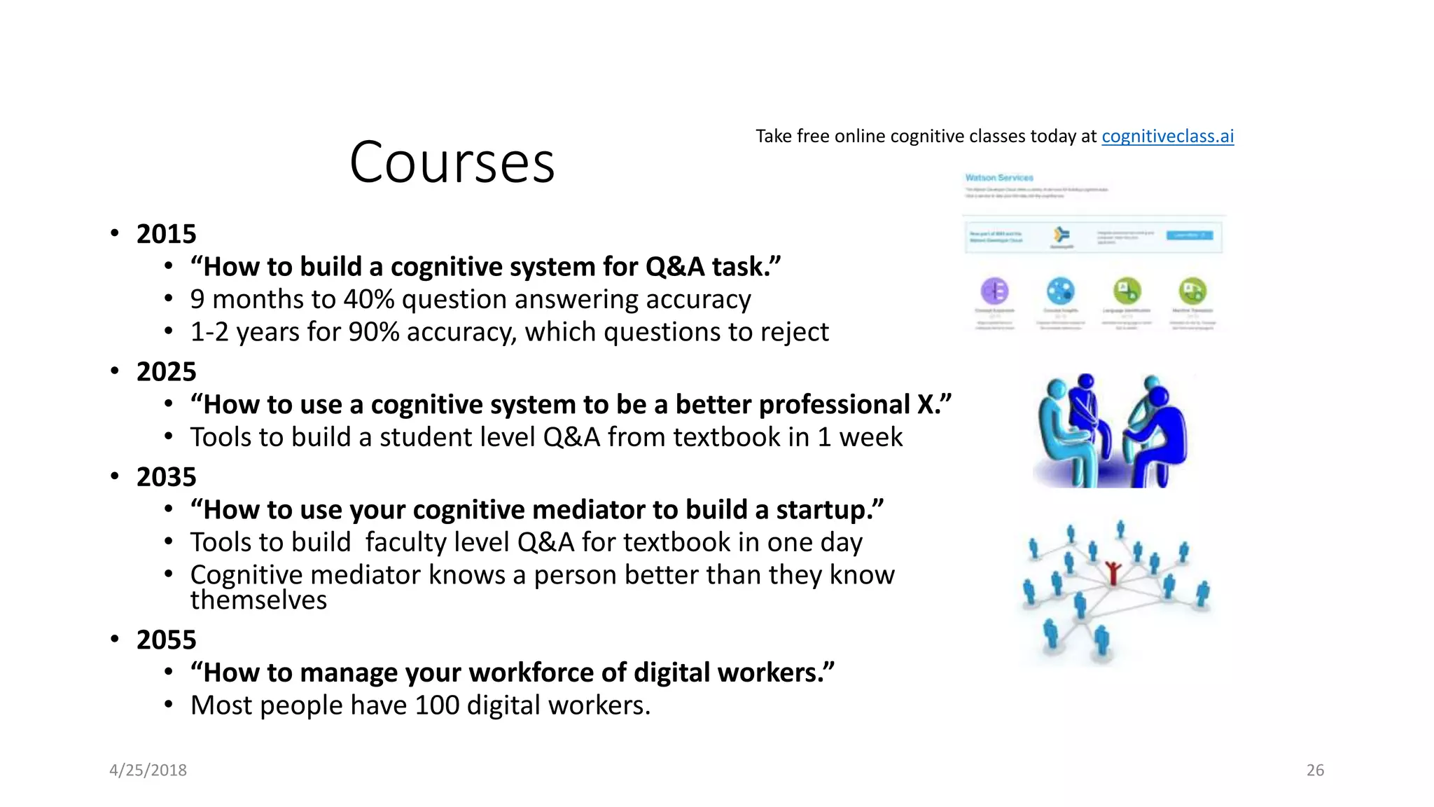 Courses
• 2015
• “How to build a cognitive system for Q&A task.”
• 9 months to 40% question answering accuracy
• 1-2 years for 90% accuracy, which questions to reject
• 2025
• “How to use a cognitive system to be a better professional X.”
• Tools to build a student level Q&A from textbook in 1 week
• 2035
• “How to use your cognitive mediator to build a startup.”
• Tools to build faculty level Q&A for textbook in one day
• Cognitive mediator knows a person better than they know
themselves
• 2055
• “How to manage your workforce of digital workers.”
• Most people have 100 digital workers.
4/25/2018 26
Take free online cognitive classes today at cognitiveclass.ai
 