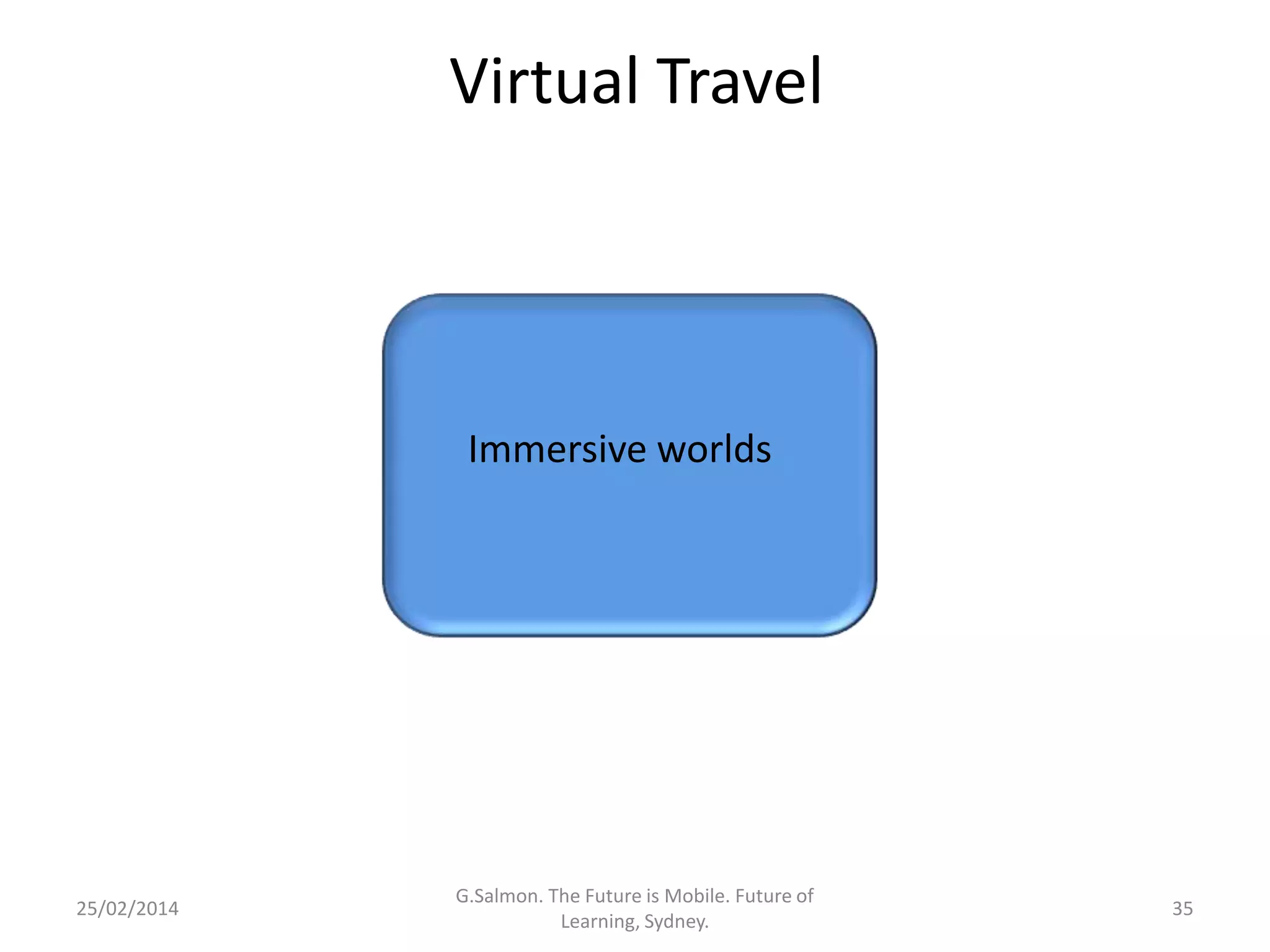 Virtual Travel

Immersive worlds

25/02/2014

G.Salmon. The Future is Mobile. Future of
Learning, Sydney.

35

 