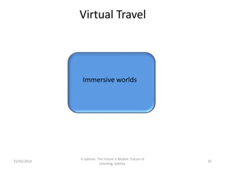 Virtual Travel

Immersive worlds

25/02/2014

G.Salmon. The Future is Mobile. Future of
Learning, Sydney.

35

 