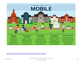 http://www.onlinecolleges.net/2012/09/17/11-colleges-going-all-in-on-mobile/

25/02/2014

G.Salmon. The Future is Mobile. Future of
Learning, Sydney.

43

 