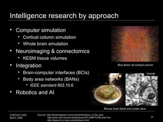 20
CONTACT 2009
April 3, 2009
Intelligence research by approach
 Computer simulation
 Cortical column simulation
 Whole...