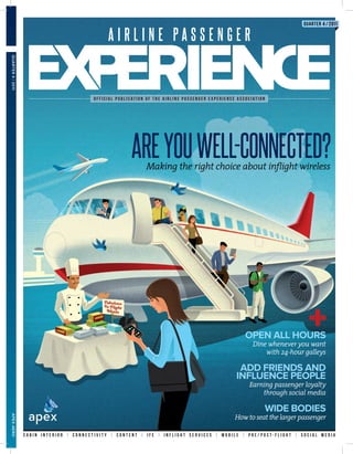 QUARTER 4 / 2011

                                                AIRLINE PASSENGER
QUARTER 4 / 2011




                                           Official Publication of the Airline Passenger Experience Association




                                                          ARE YOU WELL-CONNECTED?
                                                               Making the right choice about inﬂight wireless




                                                                                                       OPEN ALL HOURS
                                                                                                          Dine whenever you want
                                                                                                              with 24-hour galleys

                                                                                                    ADD FRIENDS AND
                                                                                                   INFLUENCE PEOPLE
                                                                                                        Earning passenger loyalty
                                                                                                            through social media

                                                                                                                  WIDE BODIES
                                                                                                   How to seat the larger passenger
APEX.AERO




                   CABIN INTERIOR | Connectivity | Content | IFE | Inflight Services | Mobile | Pre/Post-Flight | Social Media
 