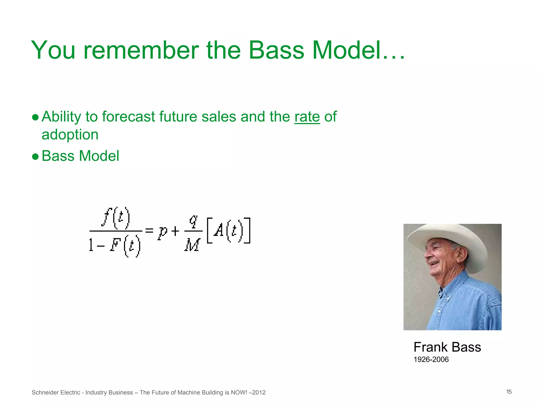 You remember the Bass Model…

● Ability to forecast future sales and the rate of
  adoption
● Bass Model




                                                                                        Frank Bass
                                                                                        1926-2006



Schneider Electric - Industry Business – The Future of Machine Building is NOW! –2012                15
 