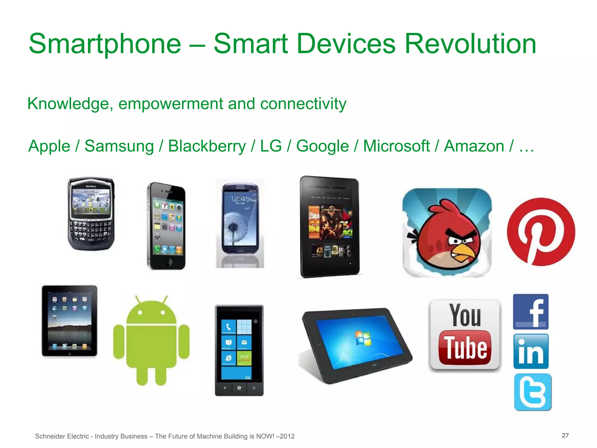 Smartphone – Smart Devices Revolution
Knowledge, empowerment and connectivity

Apple / Samsung / Blackberry / LG / Google / Microsoft / Amazon / …




Schneider Electric - Industry Business – The Future of Machine Building is NOW! –2012   27
 